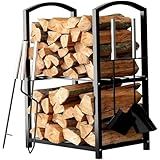 HOME IT Firewood Rack Indoor Outdoor - 2-Tier Firewood Holder with Fireplace Tools Set, Brush, Shovel, Poker, Tongs - Waterproof Steel Pipe Log Holder, Black Stove Wrought Iron - 17x12x29