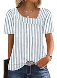 WIHOLL Womens Tops Summer Outfits Fashion Clothes Short Sleeve Tshirts T Shirts 2026 Business Casual Cruise Travel Essentials Blouses Blue Stripes XL