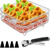 Abizarch 3 Layer Air Fryer Rack Square, 7.8" Air Fryer Grill Rack Accessories,Stainless Steel Grill Dehydrator Rack Stackable Air Fryer Basket with Feet & Anti-Scald Clip for Air Fryer Baking Cooking