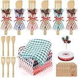 Acellegic 6 Set Christmas Kitchen Gifts Bulk Wooden Spatulas and Spoons with Waffle Towels, Christmas Needles, Thank You Tags & Ribbon Cooking Tools for Winter Housewarming Kitchen Decoration