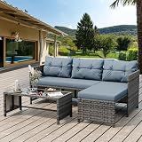 Shintenchi 3 Pieces Outdoor Patio Furniture Sets, Wicker Patio Conversation Sets, All Weather Wicker Rattan Patio Seating Sofas with Glass Coffee Table and Cushion, Blue-Gray