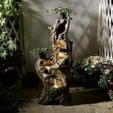 Sunlinua Water Fountain Outdoor 5-Tiers Large Cascading Realistic Tree Trunk Natural Waterfall Outdoor Fountain Resin Imitation Wood with LED Lights for Garden, Patio, Porch
