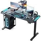 Gaming Standing Desk with LED Lights & Host Shelf, 55" x 24" Gaming Table with Music Sensing APP Control, Underdesk Cable Storage Electric Standing Desk, Black Carbon Fiber PC Table for Home Office