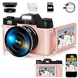Digital Camera, FHD 4K 75MP WiFi Vlogging Video Camera for YouTube with 3'' 180°Flip Screen, 64GB SD Card, 16x Digital Zoom, 2 Batteries, Point and Shoot Digital Camera for Beginner (Pink)