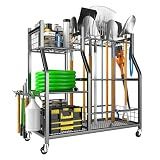 EVERHANGER Garden Tool Organizer Stand, Garage Tool Storage Organization, Yard Tool Racks with lockable wheels, Fit for Long-Handled Tools/Rakes/Brooms