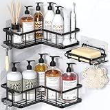 YASONIC Shower Caddy Corner, 3-Pack Adhesive Rustproof Stainless Steel Shower Shelves with Soap Holder, No Drilling Shower Organizer Corner for Dorm, Renters Bathroom, Black