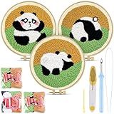 TINDTOP 3 Sets Punch Needle Kits, Panda Punch Embroidery Kits for Adults Beginner, Tool with Punch Needle Fabric, Hoops, Yarns and Sewing Needles