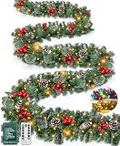 Remote Control&Extra Long-12 Ft Prelit Christmas Garland for Stairs Railing Mantle Front Door Porch Indoor Outdoor Decor 60 Warm White&Colors Switch Lights Timer 8 Modes,216 Thick Branches Tips