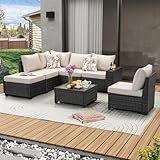JOYURE 7 Pieces Patio Furniture Set All-Weather Outdoor Wicker Sectional Conversation Sofa Rattan Patio Seating Sofa with Cushion and Glass Table and Ottoman for Porch Poolside,Beige