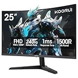 KOORUI 25 Inch Curved Gaming Monitor 240Hz FHD 1080P Computer Monitor, 1500R 1ms MPRT Display, Adaptive Sync, 90% DCI-P3,HDR, Eye Care, Tilt Adjustable, VESA 75x75mm, Black,G2511XC
