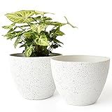 LA JOLIE MUSE Flower Pots Outdoor Garden Planters, Indoor Plant Pots with Drainage Holes, Plastic, Speckled White, Set 2 (7.5 + 7.5 Inch)