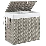 DUMOS Wicker Laundry Basket with Lid, 110L Woven Laundry Hamper with Handles, Foldable Rattan Clothes Hamper with Removable Liner & Sturdy Steel Frame, Dove Gray
