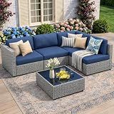 JAMFLY 5-Piece Patio Furniture Set, All-Weather Wicker Outdoor Sectional Sofa with Soft Cushions, Modular Conversation Set for Backyard, Deck, Garden & Poolside(Aegean Blue Cushion)