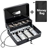 KYODOLED Cash Box with Money Tray, Key Lock Money Safe with Security Cable and Waterproof Bag, 11.81L*9.45W*3.54H inch, Black X Large
