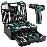 Tool Set: Tool Kit with 12V Cordless Drill, Hand Toolbox with storage case, Mechanic Tool set for Home Repairs, Green