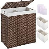 Greenstell Laundry Hamper with lid, No Install Needed, 110L Wicker Laundry Baskets Foldable 2 Removable Liner Bags, 2 Section Clothes Hamper Handwoven Rattan Laundry Basket with Handles, Brown