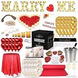 Super Complete 𝗔𝗟𝗟-𝗜𝗡𝗖𝗟𝗨𝗦𝗜𝗩𝗘 Marriage Proposal Kit – All-in-One Engagement Decorations Set with LED Marquee MARRY ME Letters, Petals, Flameless Candles, Carpet, Champagne Glasses, Setup Brochure & More