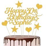 Personalized Happy Birthday Cake Topper Customized with Any Age Name Party Cake Decoration 16 18 21 40 60 Double Sided Glitter Card Gold