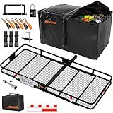 Mockins 70"x30"x6" XXL Folding Trailer Hitch Cargo Carrier w/Plate Bracket | 500 Lbs Cap All-Weather Steel Luggage Rack for SUV Car & Truck w/ 40 CuFt Waterproof Cargo Hitch Carrier Bag & Accessories