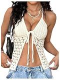 MakeMeChic Women's Crochet Halter Tops Crop Backless Deep V Neck Tie Front Knit Beach Cover Up White Small