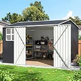 DAUSOLA 10x10 FT Outdoor Storage Shed, Metal Garden Tool Shed with Updated Frame Structure, Lockable Doors and Windows, Ideal for Backyard Garden Patio Lawn, Grey