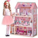 ROBOTIME Wooden Dollhouse, Doll Houses Playset with 24 Pcs Furniture for 4, 5, 6-Inch Dolls, Dollhouse Gift for 3+ Year Old Girls (Pink)