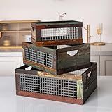 TIMRIS Set of 3 Rustic Wood Nesting Crates, Farmhouse Distressed Wooden Storage Boxes, Decorative Reclaimed Wood Organizer Baskets with Wire Mesh (Random)