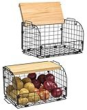 2 Set Stackable Wire Basket with Openable Top, Kitchen Counter, Pantry Organizer and Storage Produce Onion Potato Fruits Vegs Bread Food Snack Spice Organizing Bin for Cabinet Shelf Countertop Floor