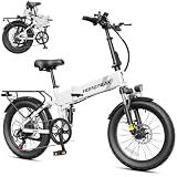 Hopepeak Z20 Foldable Electric Bike for Adults-1200W Peak Motor, 20"×3.0" Full Suspension Fat Tire Folding Ebike with 48V 12Ah 576Wh Removable Built-in Battery Max Range 65 Miles,White