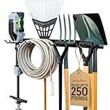 StoreYourBoard Wall-Mounted Rack With 4 Garage Hooks – Heavy-Duty Steel Holder Garage & Garden Storage for Shed, Workshop, or Home Organization – For Rakes, Shovels, Tools & More – 1 Pack, Black