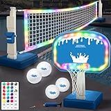 OHYEMO 2-in-1 LED Pool Volleyball & Basketball Game Set, Light Up Pool Sport Combo Set with 14in LED Rim/4 LED Pool Balls/2 Base/Pump, Inground Swimming Pool Toy Game for Adults & Family