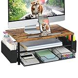 Wood Desk Organizers and Accessories, 2-Tier Computer Monitor Stand Riser with Drawer, Pen Storage & Phone Holder, Office Desk Accessories, Workspace Desktop Organization for Office Supplies（Brown）