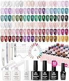 Beetles Jelly Gel Nail Polish Set, 53PCS 36 Colors Jelly Pink Milky White Red Black Blue Green Silver Cat Eye Base Glitter Glossy Matte Top Coat Crystal Ice Collection French Nails Gift for Women