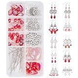 SUNNYCLUE 1 Box DIY 10 Pairs Red Beads Chandelier Dangle Earring Making Kit Flat Round Celtic Knot Flower Tree Snowflake Heart Component Links Teardrop Electroplate Glass Beads for Jewelry Beginners