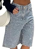 EHYFFYH Denim Sequin Shorts for Women Summer Casual High Waisted Straight Leg Rhinestone Baggy Jean Shorts Streetwear Blue