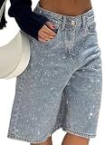 EHYFFYH Denim Sequin Shorts for Women Summer Casual High Waisted Straight Leg Rhinestone Baggy Jean Shorts Streetwear Blue
