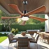 Ceiling Fans with Lights and Remote, 52 Inch Outdoor Fans for Patios, USA Original Patent, ETL Listed, 3 Downrods, 5 Blades, 6 Speeds Reversible Noiseless DC Motor Wood Fans for Farmhouse, Walnut Wood