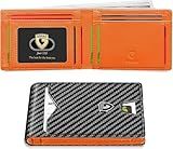 GSOIAX Slim Wallet for Men Rfid Blocking Leather Bifold Front Pocket Carbon Fiber Credit Card Holder With Gift Box (Carbon Black and Orange)