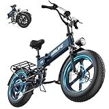 URLIFE Folding Electric Bike for Adults, 48V 13AH, 20" x 4" Fat Tire, Full Suspension with Quad-Link Shock Absorption, LED Display, 7-Speed, 60-80 Miles, UL2849 (Folding, Klein Blue)