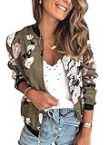 ECOWISH Women's Casual Floral Zip Up Bomber Jacket Coat Lightweight Short Camo No Lining Outwear Tops Windbreaker with Pocket 333Army Green Small