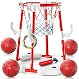Pool Basketball Hoop Toys for Kids Ages 4-8 8-12 & Adult, Summer Outdoor Swimming Pool Games Water Play Toys Family Party for Kids, 2 in1 Pool Basketball Hoop & Ring Game with 4 Balls 12 Rings & Pump