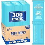 300 Pcs Ultra Thick Soft Large Body Wipes Individually Wrapped(7.87" x 9.45"),Shower Wipes for Adults Bathing No Rinse,Personal Cleansing Wipes for Travel Gym,Bulk Deodorant for Homeless(Blue)