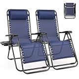 NEWBULIG Zero Gravity Chairs Set of 2, Lounge Chair Folding Portable Adjustable Camping Recliner with Adjustable Pollow, Mesh Back, Cup Holder Trays Lawn Patio Chair for Pool Beach