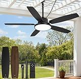 Fanbulous 52'' Outdoor Ceiling Fans with Light and Remote,IP65 Wet Rated Waterproof Ceiling Fan with 6-Speed DC Motor, Farmhouse Gazebo Fan for Porch Patios Pavilion(Black)