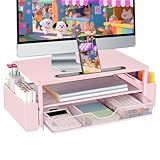AUPSEN Pink Desk Organizers and Accessories, 2-Tier Wood Computer Monitor Stand with Drawer, Pen Storage & Phone Holder, Office Desk Accessories, Workspace Desktop Organization for Office Supplies