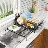 Simple Trending Dish Drying Rack - Expandable Dish Rack for Kitchen Counter, Large Capacity Dish Drainer, Stainless Steel Dish Strainer with Utensil & Cup Holders, Black