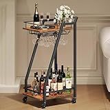 HOOBRO Bar Cart, Home Bar Serving Cart, Kitchen Cart, Rolling Beverage Cart & Wine Rack and Glass Holder 2 Storage Shelves, Cocktail Cart for Home Dining Party, Rustic Brown and Black BF27TC01
