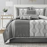 LANCO MODERN LIFESTYLE California King Comforter Set, Grey, 7 Pieces in a Bag, Ultra Soft Jacquard with Solid Piecework, Luxury Bed Set with Comforters, Bed Skirt, Pillow Shams and Decorative Pillows