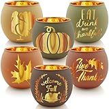 Thanksgiving Votive Candle Holder Set of 6, Glass Votives Holder with 6 Laser Engraving Patterns, Tealight Holders Bulk for Fall Table Centerpiece Decor