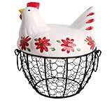 Kitchen Storage Metal Wire Egg Basket with Ceramic Farm Chicken Cover Fresh Egg Holder/Organizer Case/Container